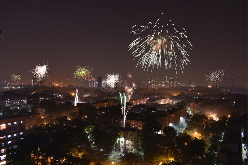 Multiple fireworks signaling the start of the Diwali Festival in Mumbai.