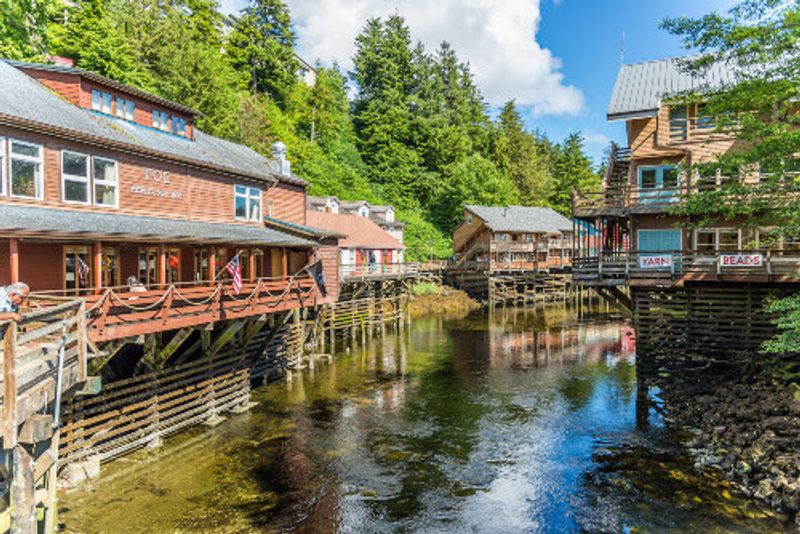 The Creek Street historic boardwalk with curio shops in Ketchikan.