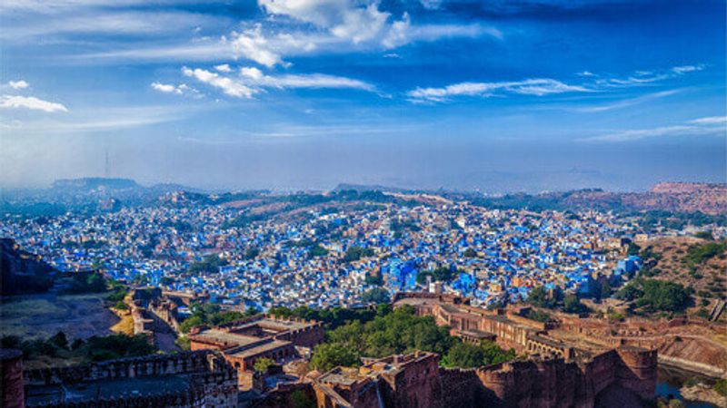 Panorama of Jodhpur, also known as the Blue City due to the vivid blue-painted Brahmin houses in Rajasthan.
