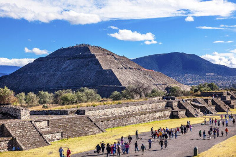 The ruins of the Avenue of Dead and Sun Pyramid or the Temple of Sun in Teotihuacan.