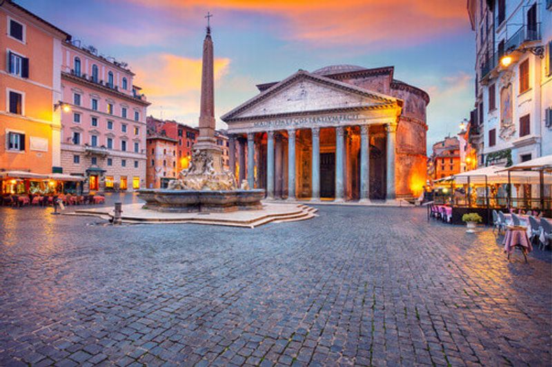 A cityscape image of Rome with the Pantheon during beautiful sunset.