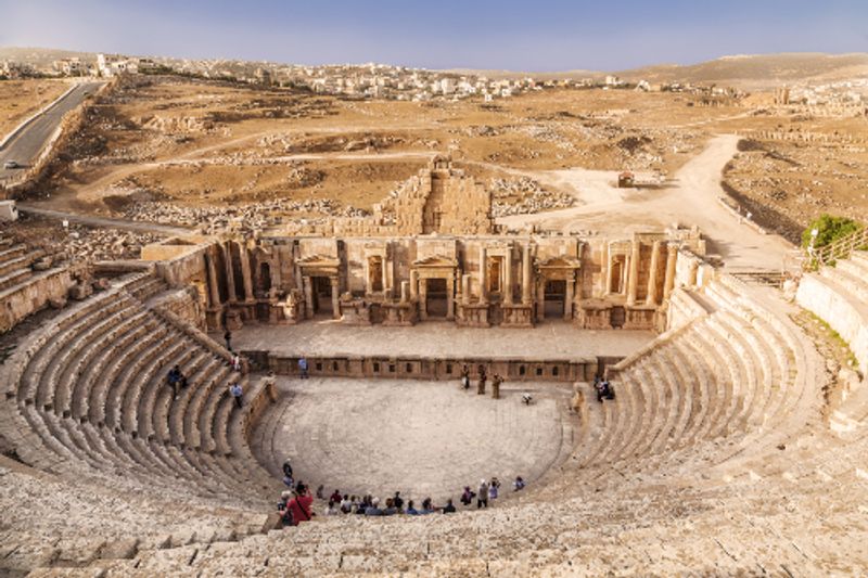The large South Amphitheatre in the ancient town of Jerash, Jordan.