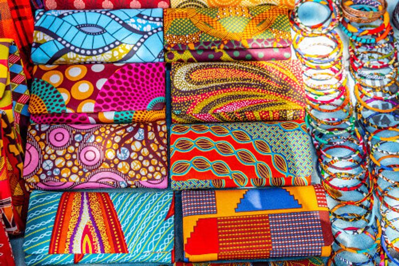 Colourful African clothes at a street market in Kenya.