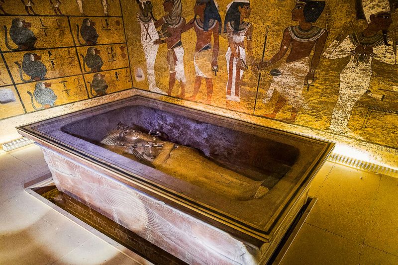 The restored Tomb of Tutankhamun, with lights and repainted hieroglyphs.