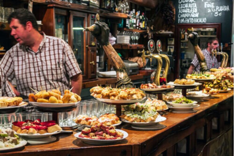 Food laid out at a Tapas Bar, Spain.