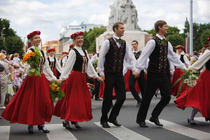 Traditional Latvian folk dancers performing during one of the country’s seasonal festivals, a highlight of Baltic culture and traditions.