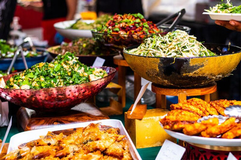 Healthy salads and chicken platter in the old biscuit mill in Cape Town South Africa