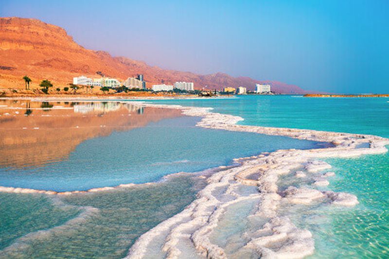 Salt waves on the shore of the Dead Sea in Ein Bokek, Israel.