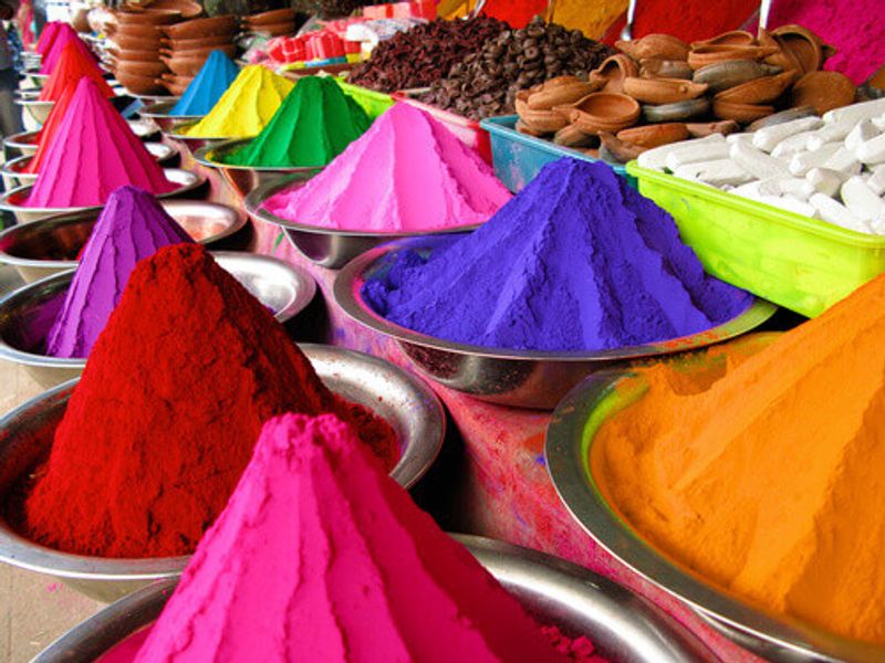 Bowls of colour powder for Holi Festival, India.