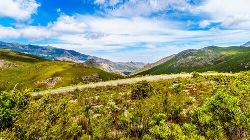 The spectacular view of Franschhoek Pass, also called Lambrechts Road R45 in Western Cape, South Africa.
