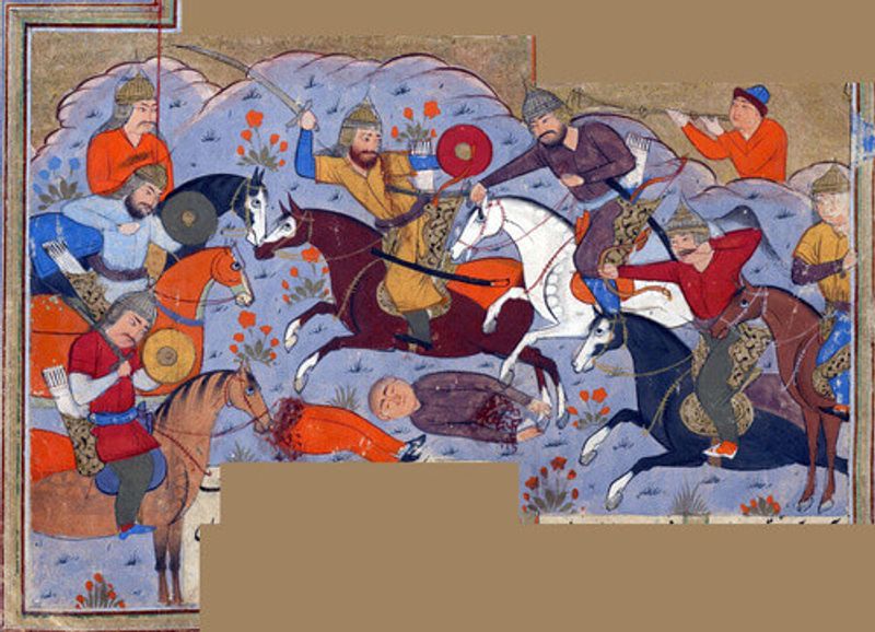 An illustration from the Shahnameh depicts Manuchihr and his army defeating the forces of Kakvi.