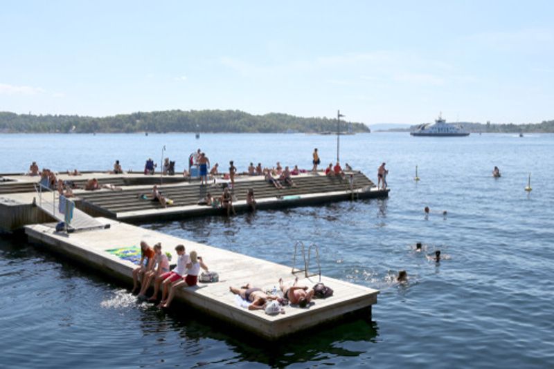 People bathing and relaxing in a fjord.