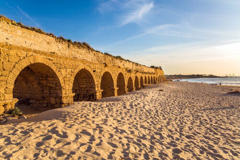 The aqueduct built in the early Byzantine period in Caesarea, Israel.