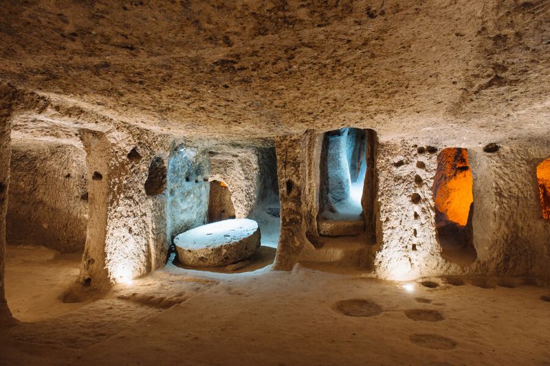 The Derinkuyu underground city with a stone used as door in Nevsehir