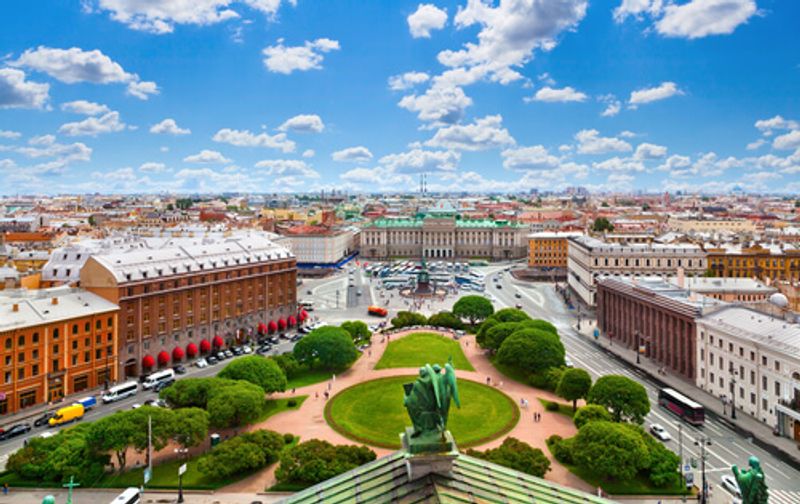 The aerial view of St. Petersburg shows the immense city and it's architecture.