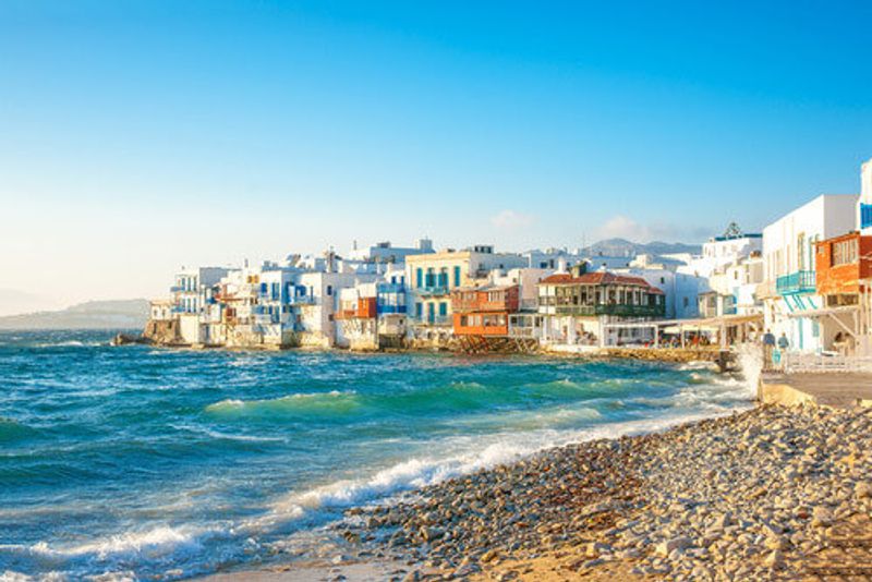 A view of Little Venice in Mykonos, Greece.