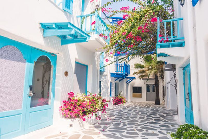 The bright streets of Mykonos with bougainvilleas in Greece.