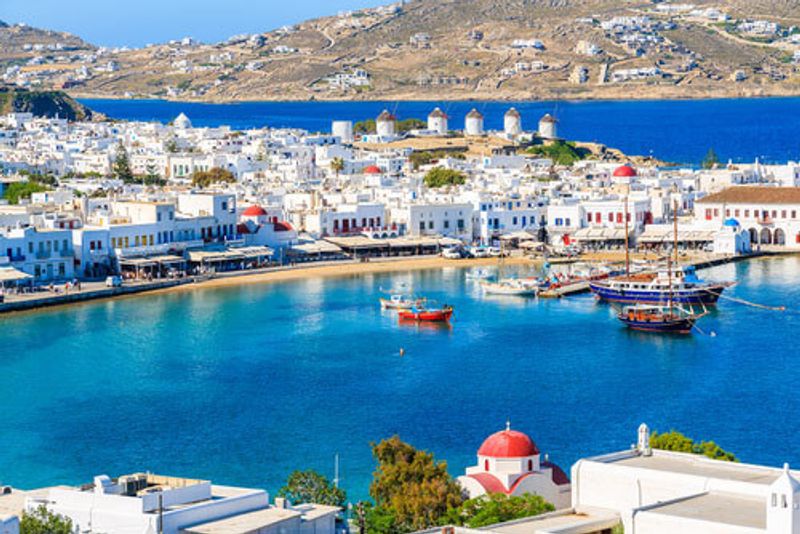 An aerial view of Mykonos main town and beach, Greece.