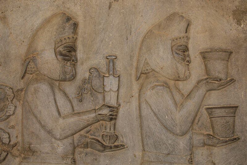 Bas-relief depicts ambassadors bearing gifts to the King in the ancient city of Persepolis in Shiraz, Iran.