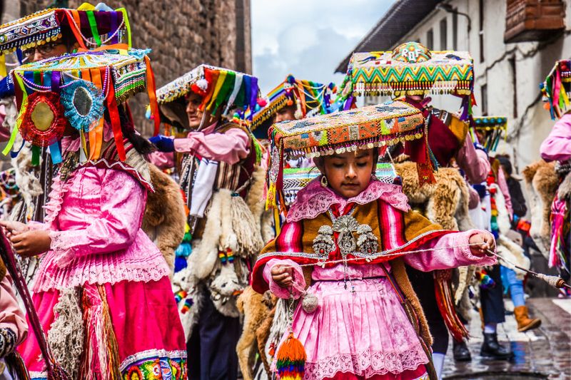 Children dressed in traditional costumes for the Inti Raymi or Sun Festival in Cusco.