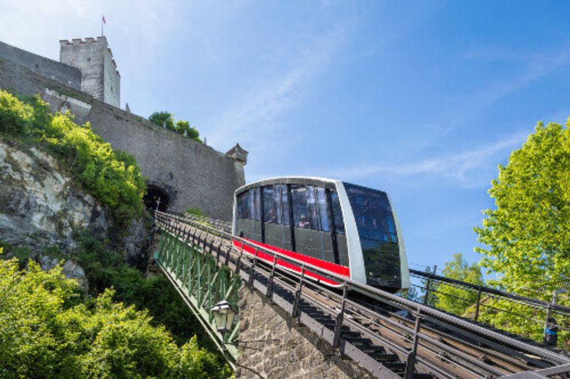 The cable railway, fortress funicular to the Hohensalzburg Castle in Salzburg.