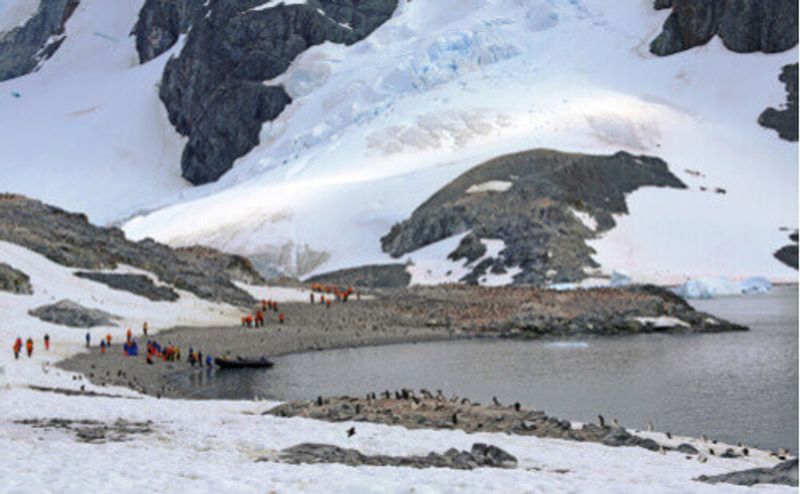People on a shore excursion in Antarctica.