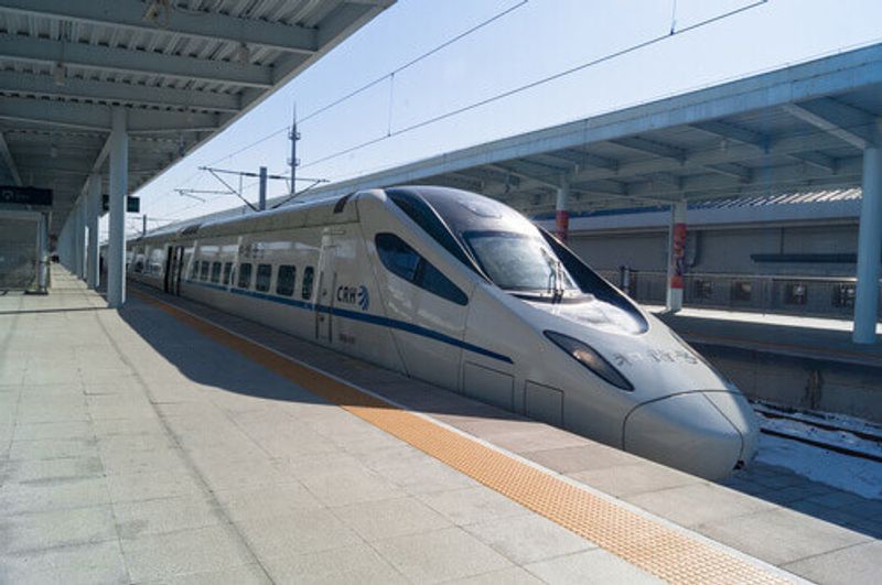 A view of a CRH high speed bullet train waiting at the Yanjixi Railway Station, Jilin, China.