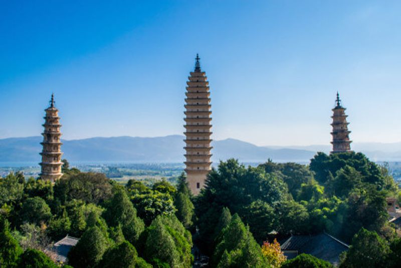 Three tall pagodas in Dali.