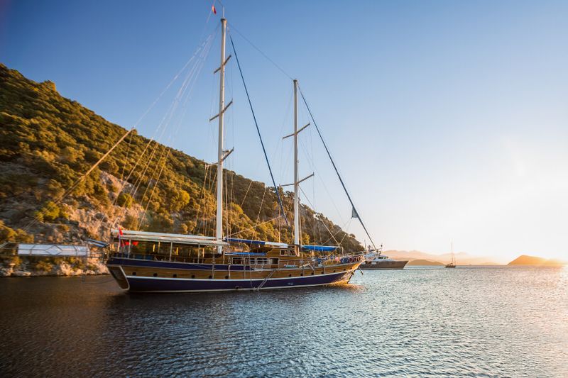 A gulet sailboat cruising along the waters of Fethiye.