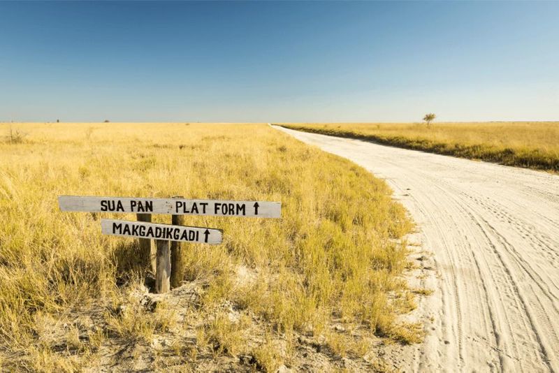 The start of the Makgadikgadi Pans is pointed out by the sign pointing visitors to the salt flats.