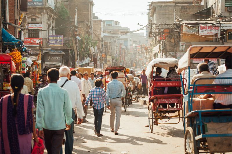 Crowd of people in the streets of Chandni Chowk in Old Delhi