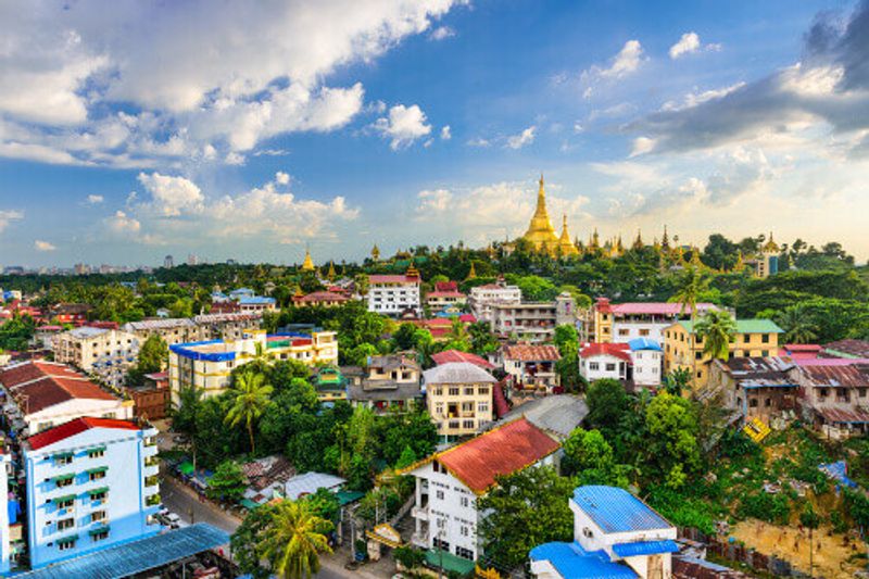 The Yangon City Skyline with the Shwedagon Pagoda in the background.