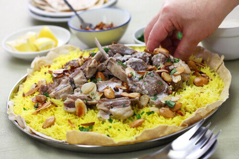 A plate of Mansaf, a traditional Jordanian dish.