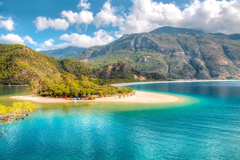 The beach in Oludeniz with turquoise waters and clear skies.