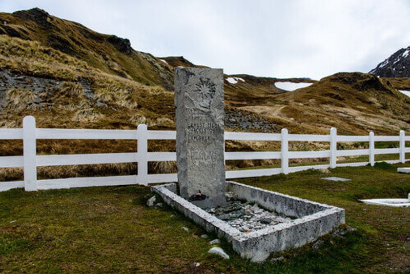 Sir Ernest Shackletons grave in South Georgia, Antarctica.