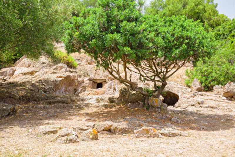 View of the Neolithic tombs of the Necropolis of Montessu dating back to 4000 years BC in Villaperuccio, Sardinia.