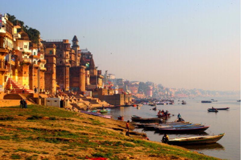 Buildings alongside the shore of the Ganges River.