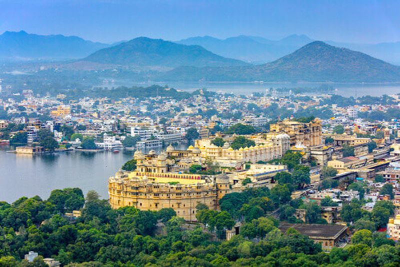 Aerial view of the City Palace in Udaipur.