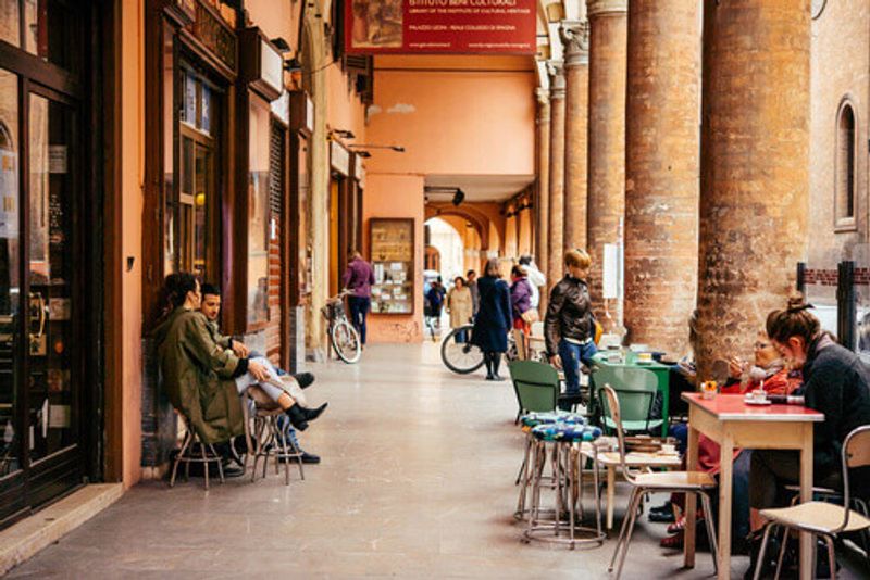 View of the street in the old city of Bologna, in the Emilia Romagna Region of Rome.