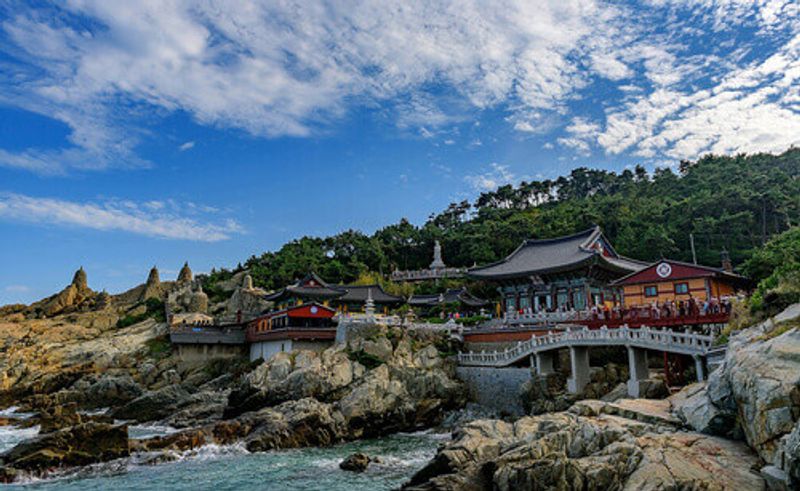 The picturesque view of the Haedong Yonggungsa Temple and Haeundae Sea in Busan, South Korea.