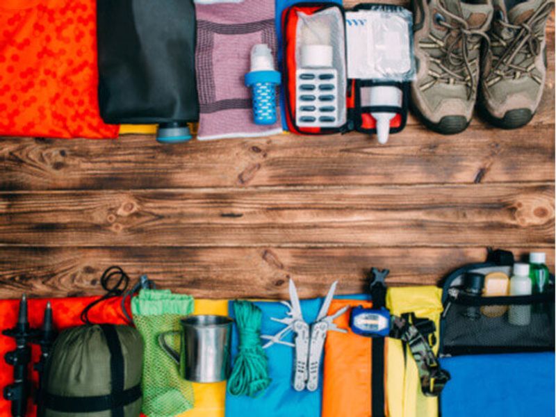 Close up of hiking clothing laid out.