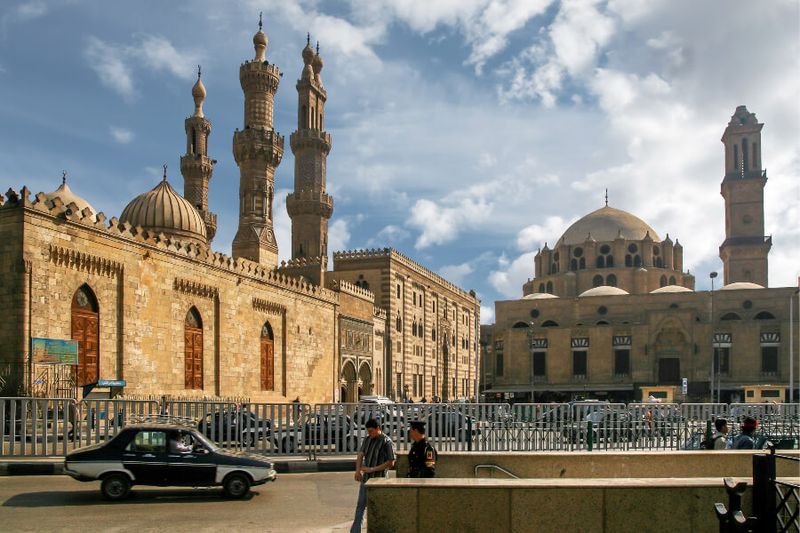 The Al Azhar Mosque and religious university in Nafak Al Azhar Street in the afternoon.