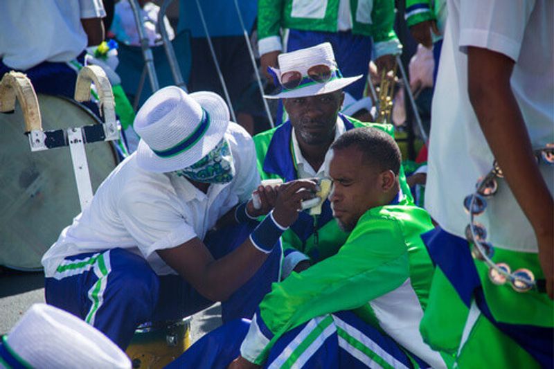 Minstrels celebrating the Carnival and marching in the Bo Kaap neighborhood in Cape Town, South Africa.