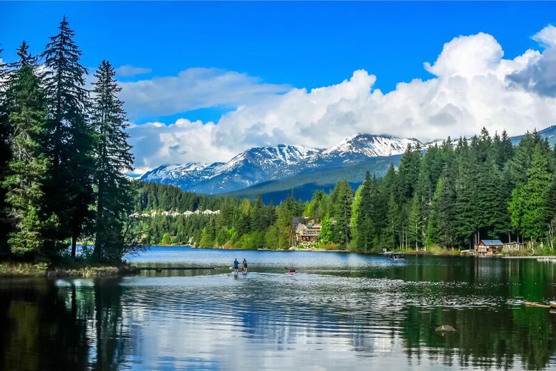 Tourists on a Stand up Paddle Board at Alta Lake.