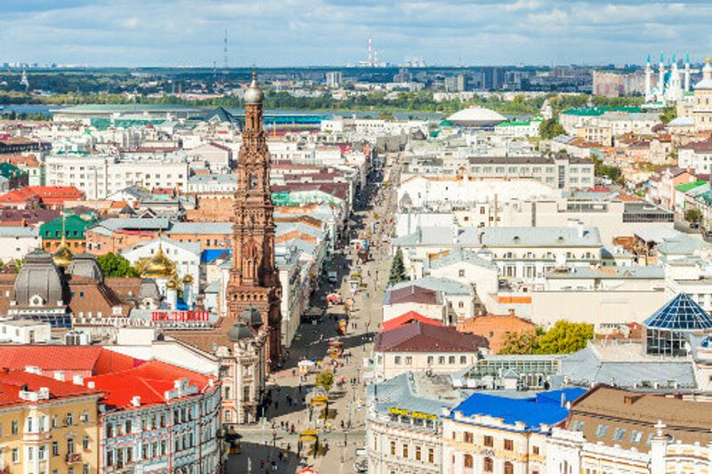 Aerial view of Bauman Street and the bell tower of the Epiphany Cathedral in Kazan.
