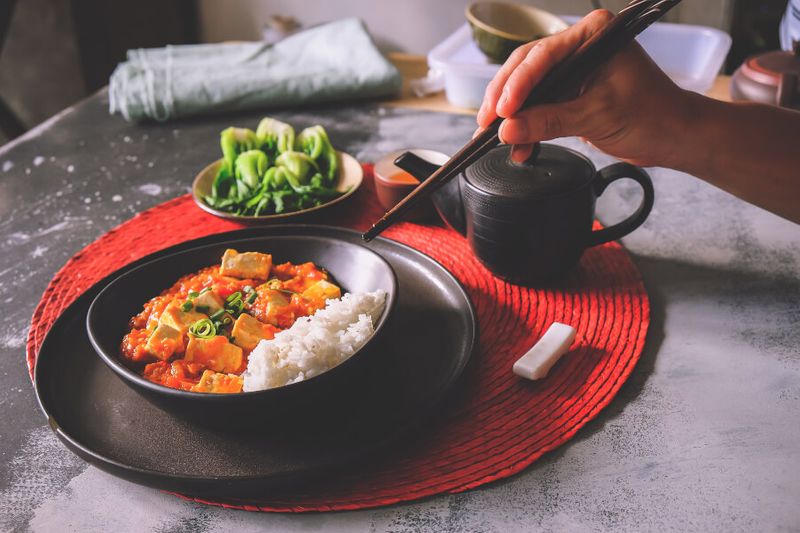 Spicy mapo tofu is usually served with rice in China.