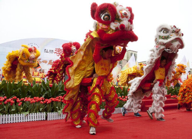 To celebrate Chinese New Year, a Lion Dance is performed in Foshan City.