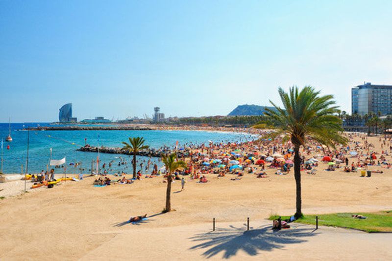 The sandy beaches of La Barceloneta Beach, Barcelona.