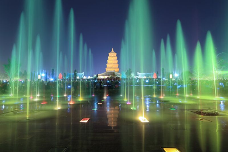 The Wild Goose Pagoda at night.