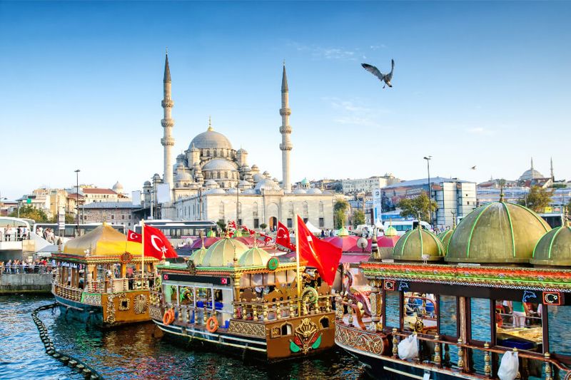 A view of the Suleymaniye Mosque and fishing boats in Eminonu during National Day.